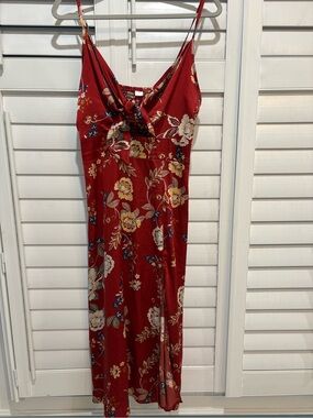 Floral Tie-Front Red Midi Dress